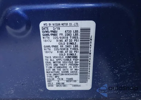 2019 Nissan Rogue Sv z USA, uszkodzony, nr VIN JN8AT2MV4KW394569